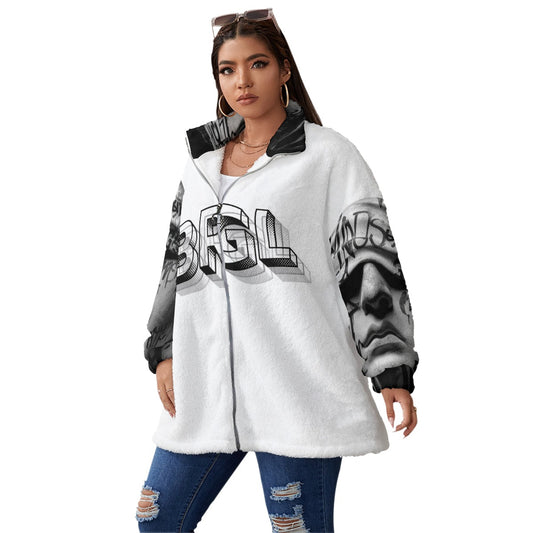 All-Over Print Unisex Borg Fleece Stand-up Collar Coat With Zipper Closure(Plus Size)