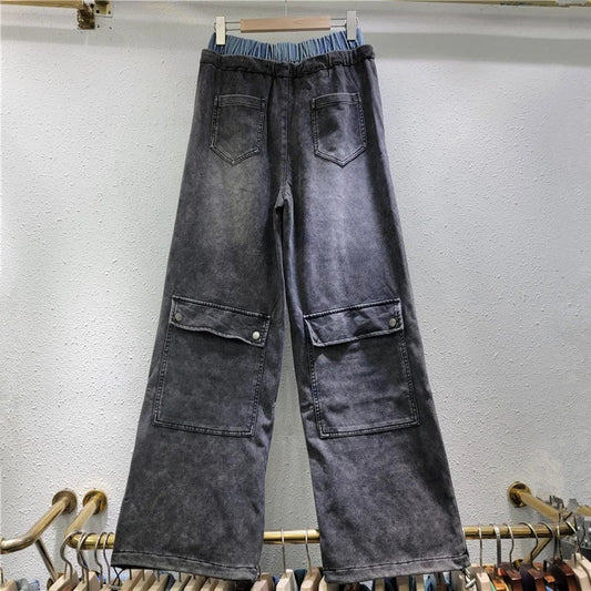 OUDINA High Street Loose Straight Wide Leg Multi-pocket Washed Knitted Patchwork Vintage Denim Trousers Pants Cargo Women Jeans