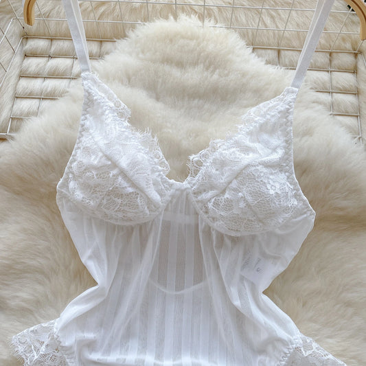 Sexy Women's Black Sleepwear V-Neck Lace Patchwork Lady's White Pajamas Erotic See Through Lingerie Women's Secret Clothing Hot