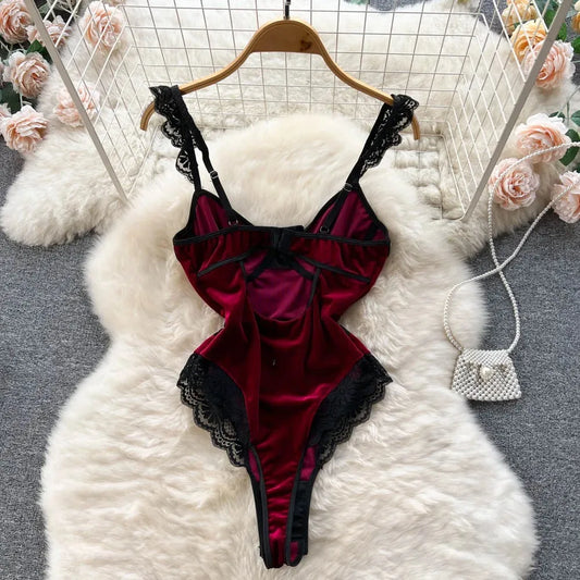 Hotsweet Vintage Strap Elegant Sleeveless Chic Lace Spliced Velour High Split Bodysuits Sexy Beach Vacation High Street Jumpsuit