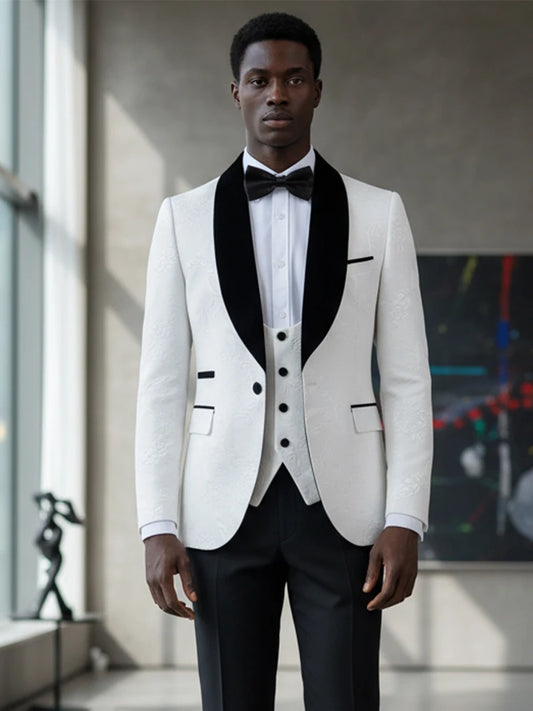 ST Cassy High Quality luxury Retro carving Party Dress Slim Fit Tuxedo Prom Suit Fashion white Male Groom Wedding three-piece