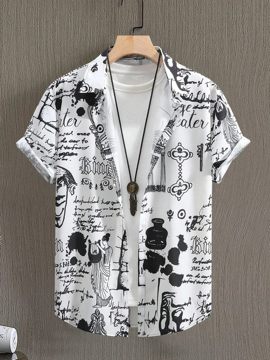 Seaside button-down Versatile Shirts With Personalized And Interesting Print Design short-sleeved Fashion Tops