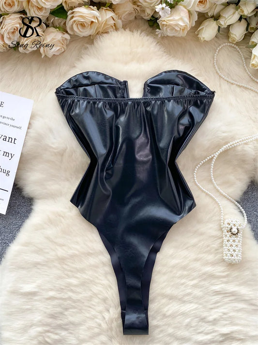 SINGREINY Sexy PU Leather Strapless Bodysuit Women Corss Bandage Backless Slim American Retro Streetwear Romper Summer Playsuits