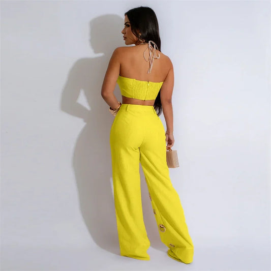 Sexy Night Party 2 Piece Sets Women Outfit Clubwear Festival Clothing Halter Strapless Crop Top and Hollow Out Wide Leg Pants