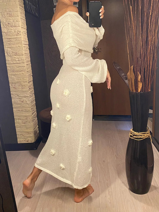 Off Shoulder Knitted Long Dresses Elegant Flowers Beach Maxi Dress Fashion Slim Party Robes Chic New Lady Evening Gown V6186