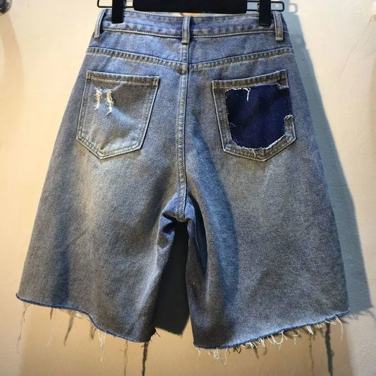 Jean Short High Waist Stretch Distressed Washed Diamonds Streetwear Straight Denims