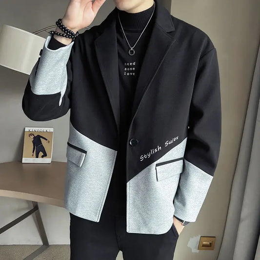 New Men's Patchwork Suit Collar Button Pocket Fashion Loose Minimalist Casual Long Sleeved Blazers