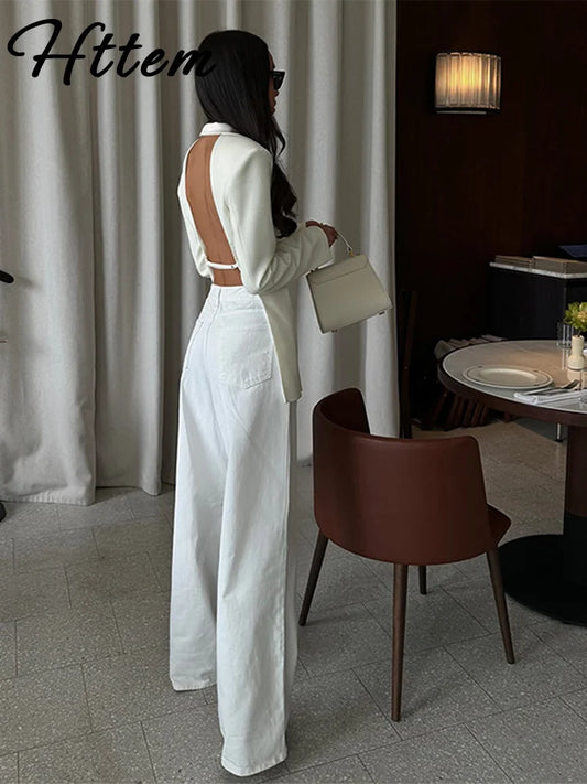 Sexy Backless Blazers Coat Women White Lapel Hidden Buckle Long Sleeve Pocket Coats Female 2025 Autumn Lady Outwear