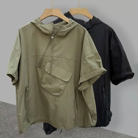 Extra Large 200 Pounds Short Sleeve Hooded Loose Fit Sun Protection Shirt Men's Summer Casual Thin Versatile T-Shirt