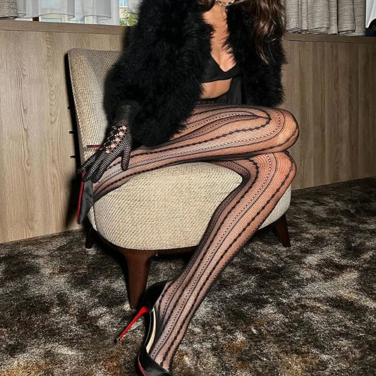 Talenza Women's Sexy Tights Retro Striped Stockings Tight Hollow Pantyhose Super Elastic Spring Autumn Leggings Y2k Pantyhose