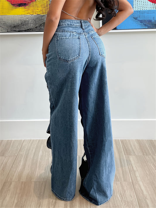 High-Waisted Distressed Denim Jeans with Artistic Cutouts - Sexy Hollow-Out Design, Medium Stretch.
