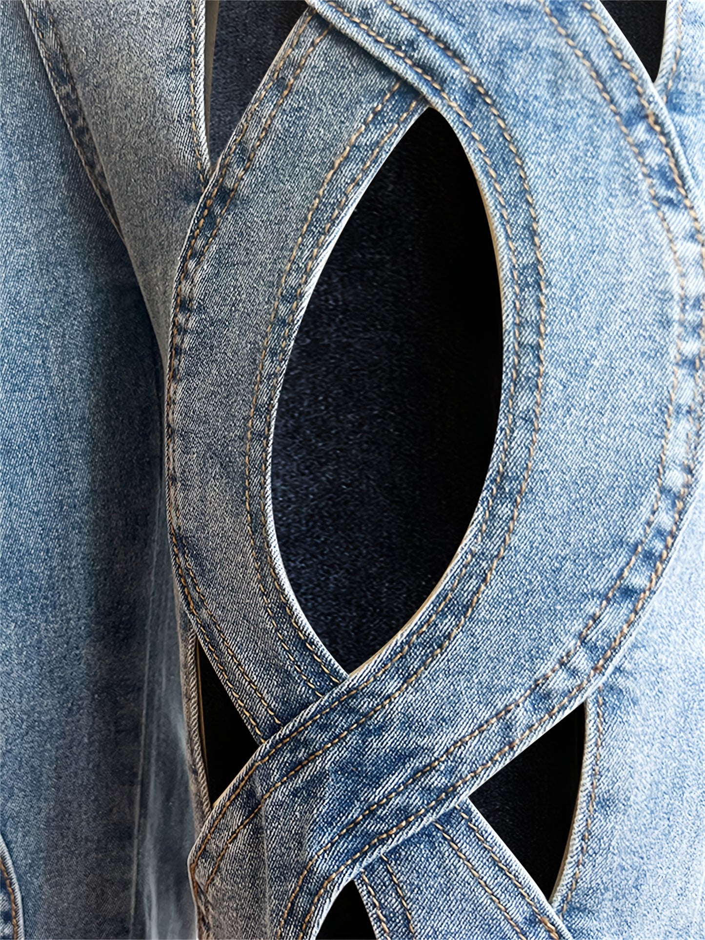 High-Waisted Distressed Denim Jeans with Artistic Cutouts - Sexy Hollow-Out Design, Medium Stretch.