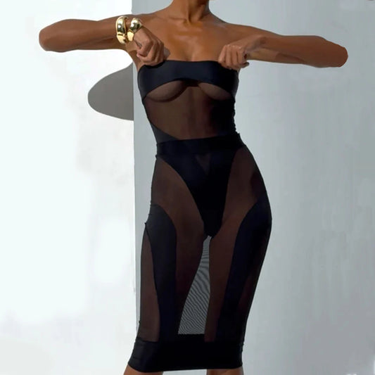 New perspective slim fit patchwork mesh sexy half skirt jumpsuit two-piece set