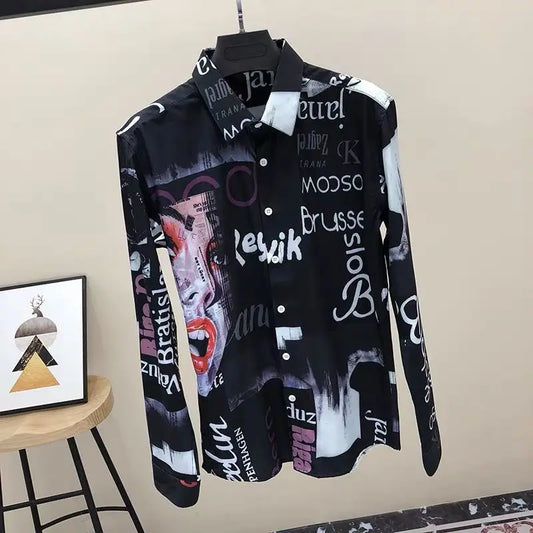 Long Sleeved Shirt Casual Loose Print Harajuku Tops Button Patchwork