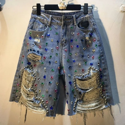 Jean Short High Waist Stretch Distressed Washed Diamonds Streetwear Straight Denims