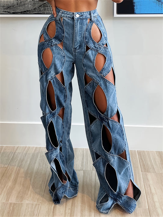 High-Waisted Distressed Denim Jeans with Artistic Cutouts - Sexy Hollow-Out Design, Medium Stretch.